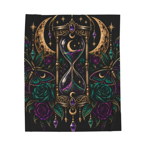 Jewel-tone Mystic Hourglass Velveteen Plush Blanket — Gothic Moon & Jewel Floral Throw