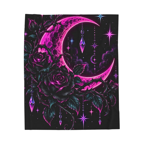 Moonlight Rose Velveteen Plush Blanket — Neon Pink Crescent Moon & Stars
