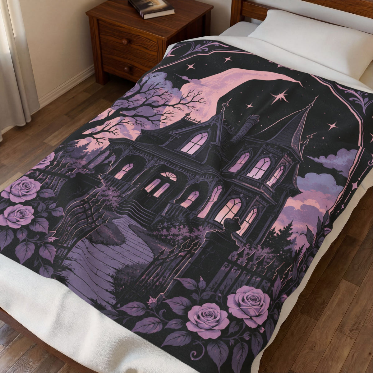 Pastel Haunted Victorian Mansion Velveteen Plush Blanket — Moonlit Gothic Throw