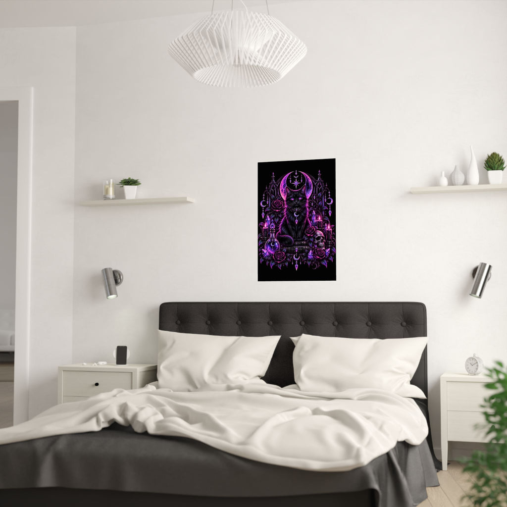 Neon Mystic Black Cat Satin Poster — Purple Gothic Witchcraft Wall Art