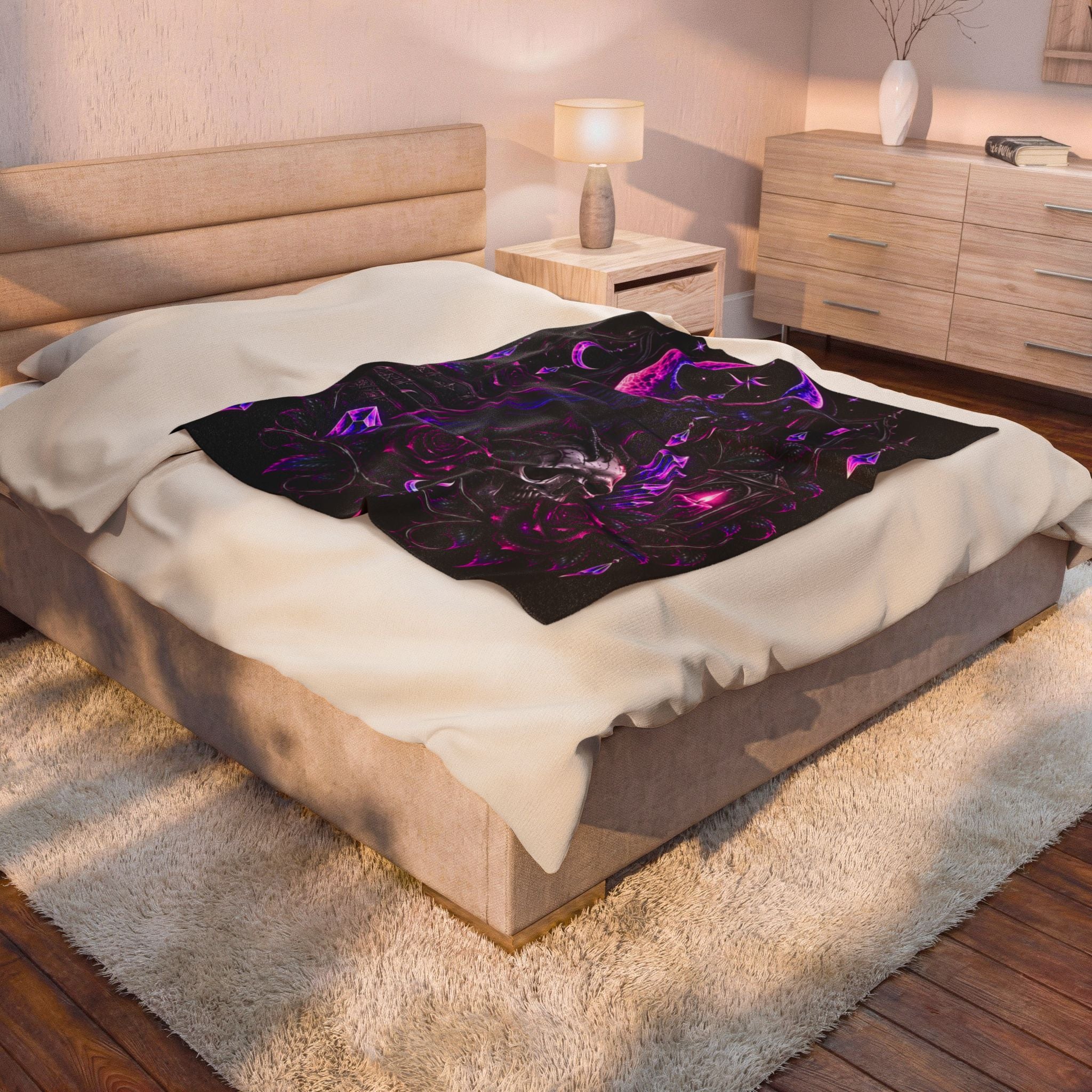 Neon Gothic Raven Moon Velveteen Plush Blanket — Skull, Roses & Crystal Lantern Throw