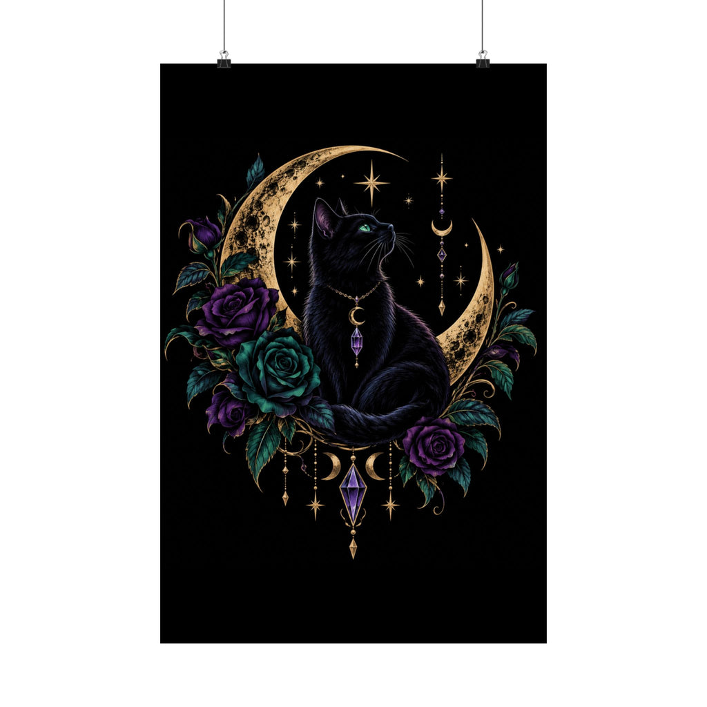 Jewel-tone Mystic Black Cat Moon Satin Poster — Gothic Rose Wall Art