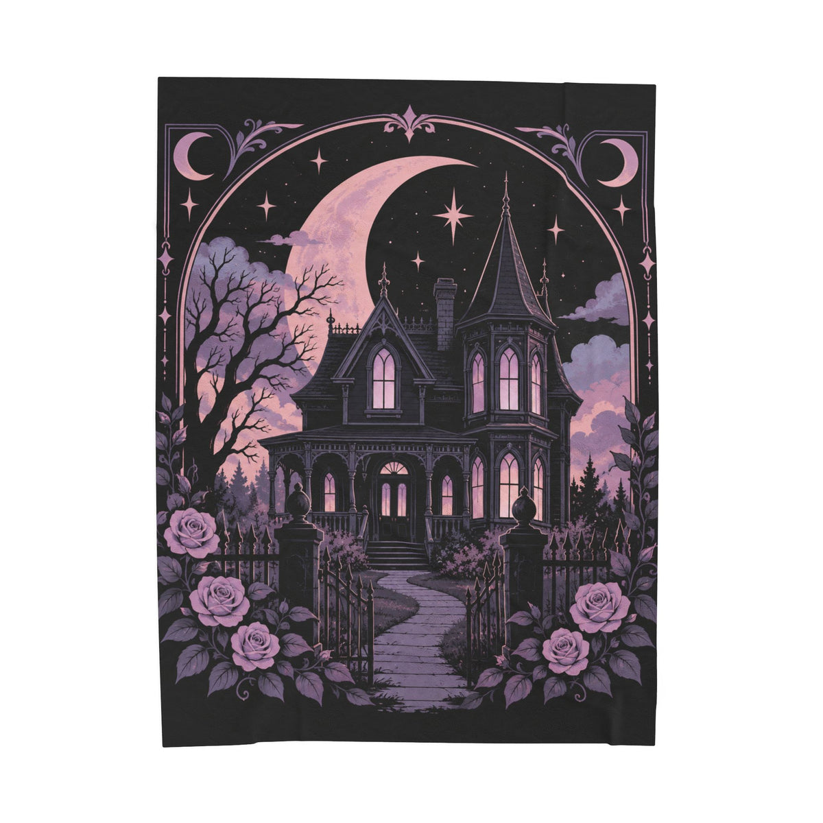 Pastel Haunted Victorian Mansion Velveteen Plush Blanket — Moonlit Gothic Throw