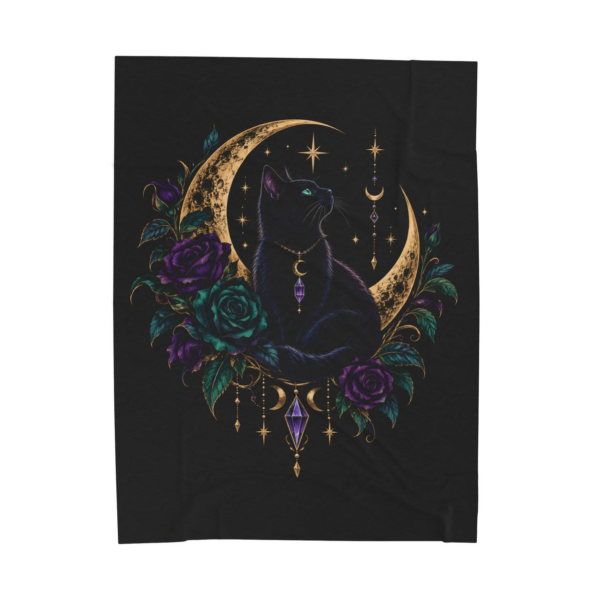Jewel-tone Mystic Moon Cat Velveteen Plush Blanket