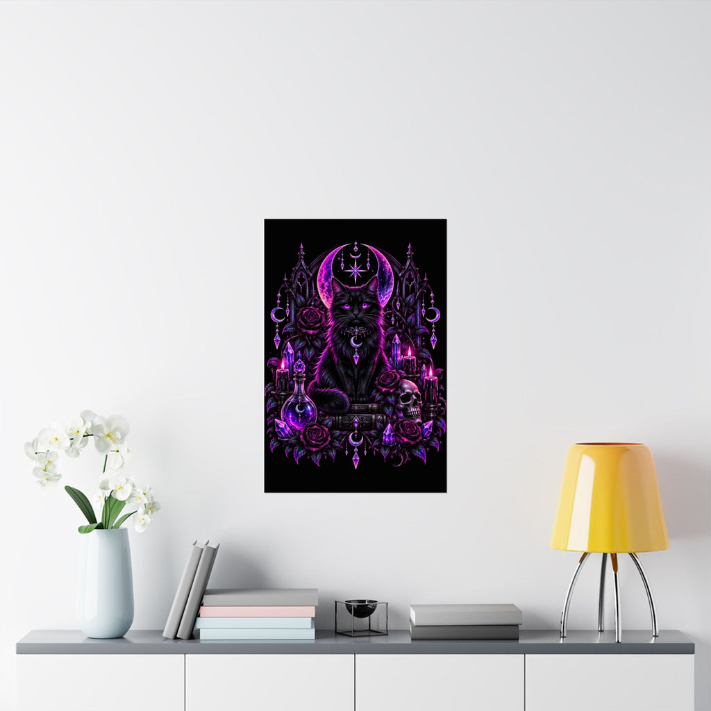Neon Mystic Black Cat Satin Poster — Purple Gothic Witchcraft Wall Art