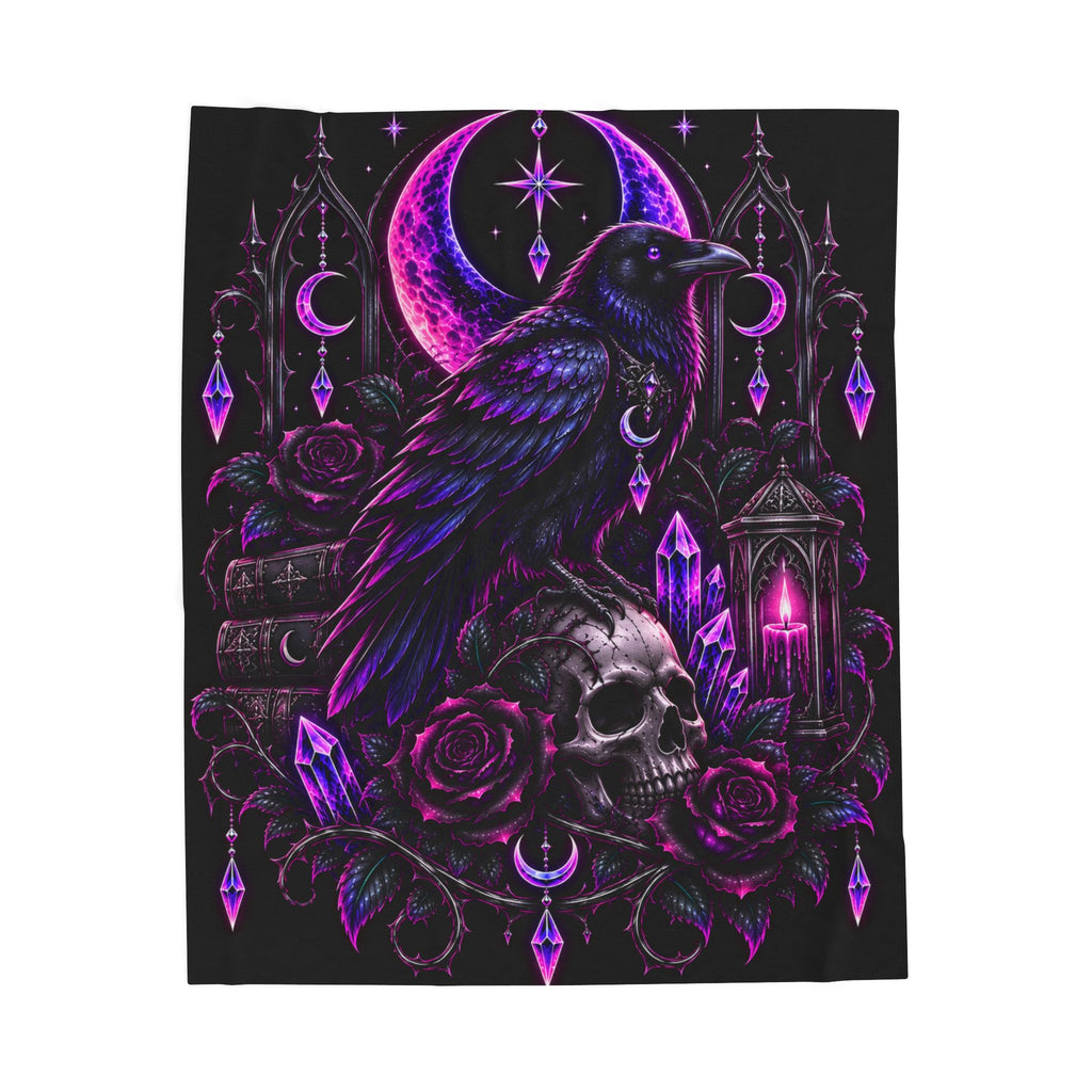 Neon Gothic Raven Moon Velveteen Plush Blanket — Skull, Roses & Crystal Lantern Throw
