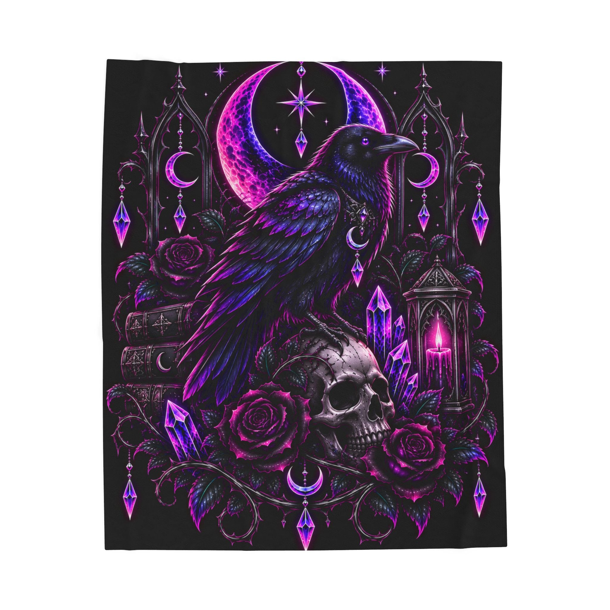 Neon Gothic Raven Moon Velveteen Plush Blanket — Skull, Roses & Crystal Lantern Throw
