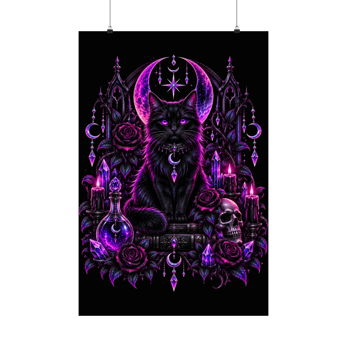 Neon Mystic Black Cat Satin Poster — Purple Gothic Witchcraft Wall Art