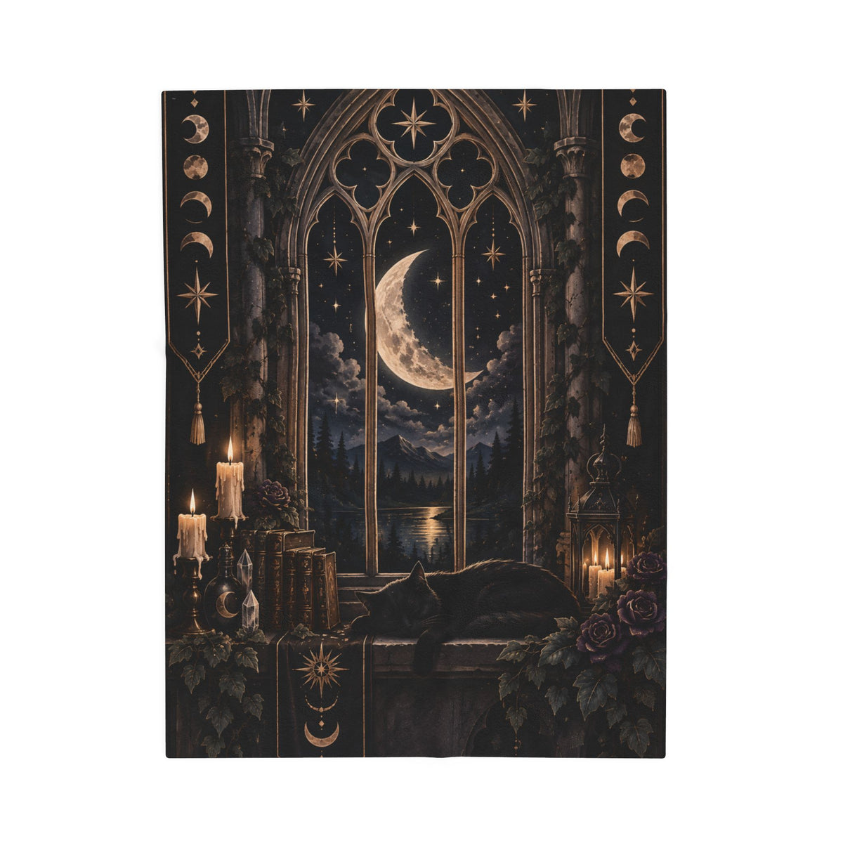 Velveteen Plush Blanket - Moonlit Gothic Window
