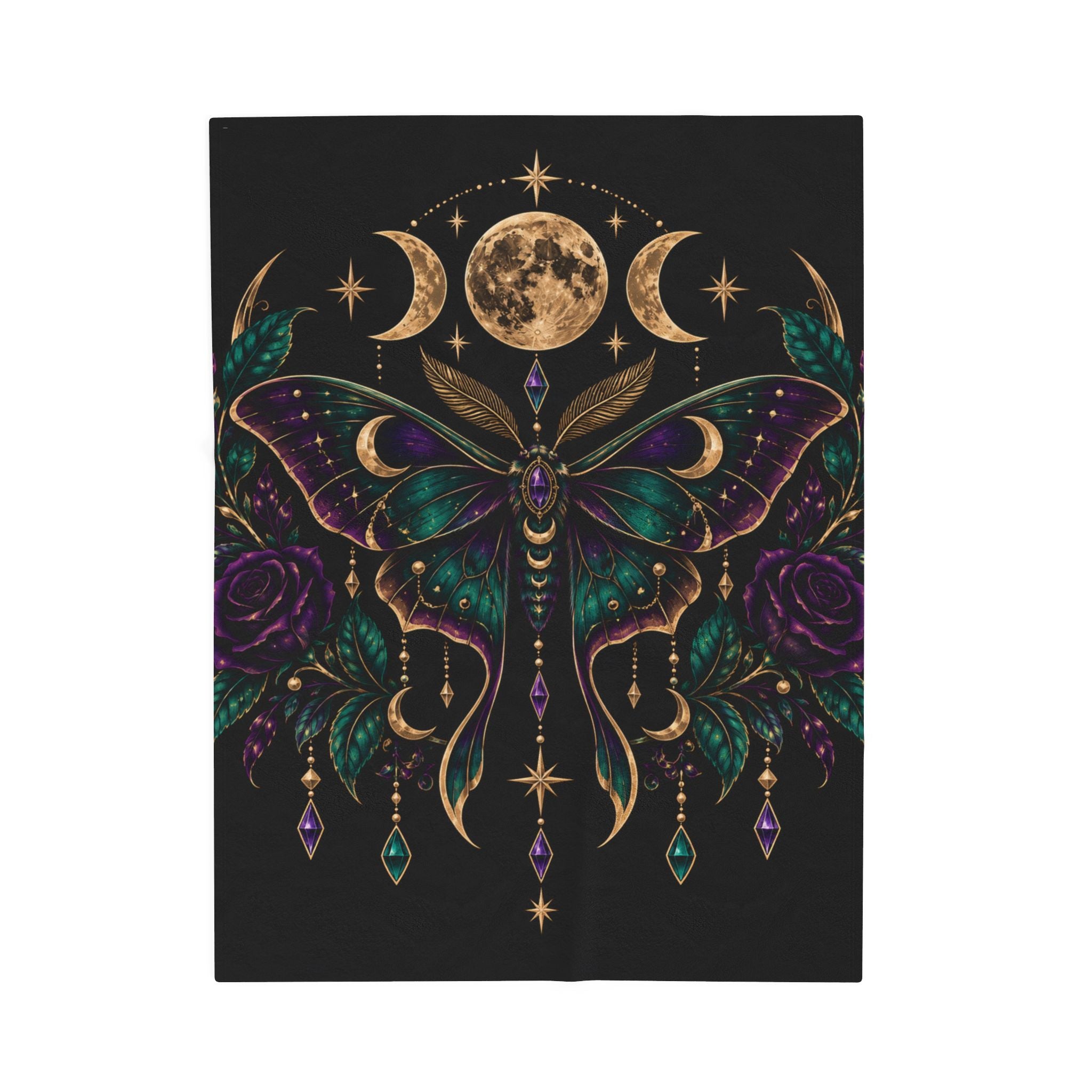 Jewel-tone Mystic Moon Moth Velveteen Plush Blanket