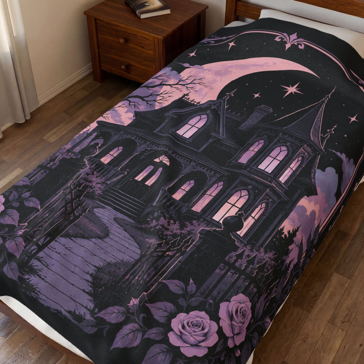 Pastel Haunted Victorian Mansion Velveteen Plush Blanket — Moonlit Gothic Throw