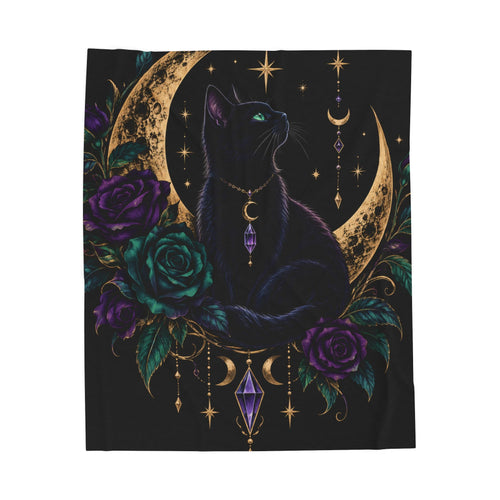 Jewel-tone Mystic Moon Cat Velveteen Plush Blanket