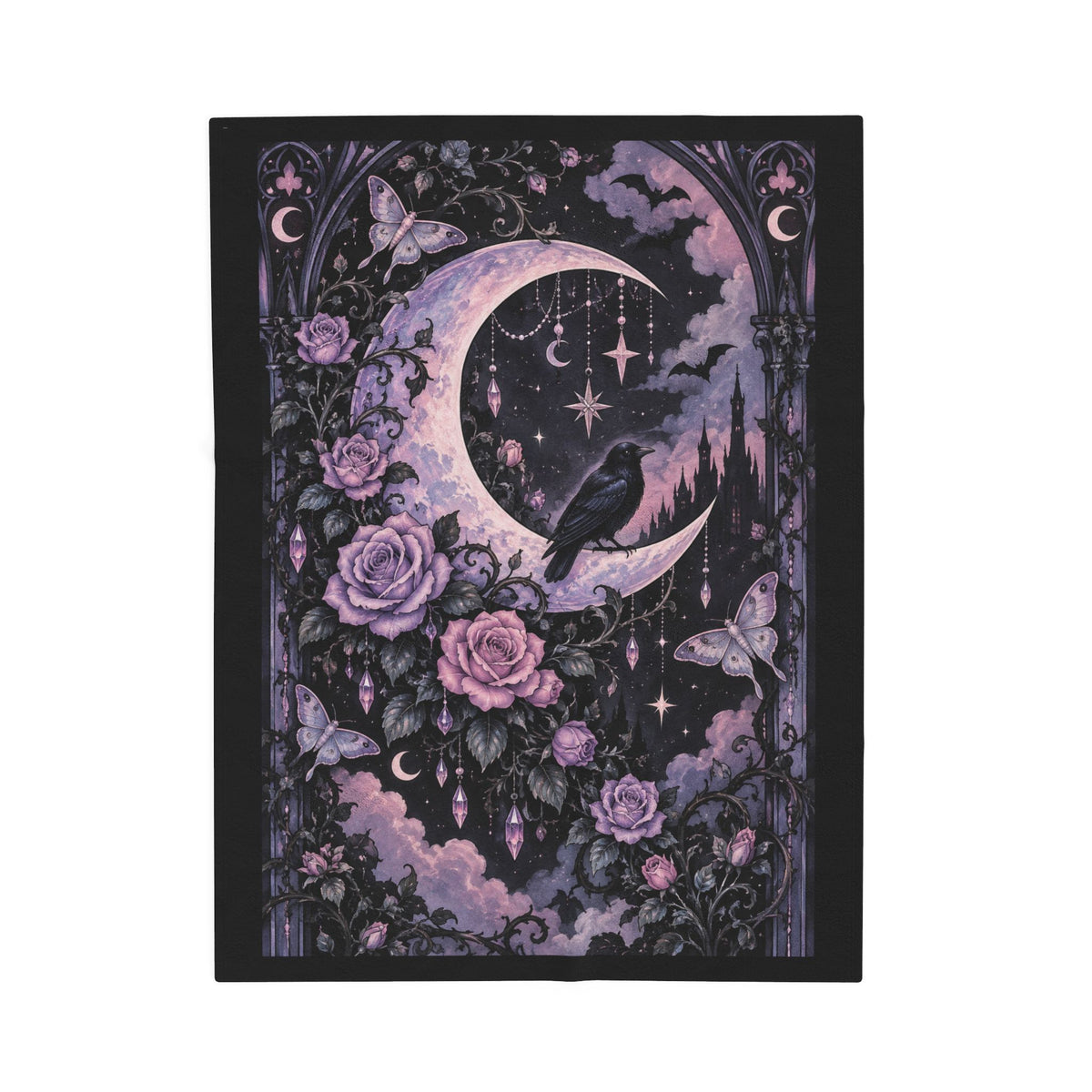 Pastel Gothic Moon Raven Velveteen Plush Blanket — Purple Floral Celestial Throw