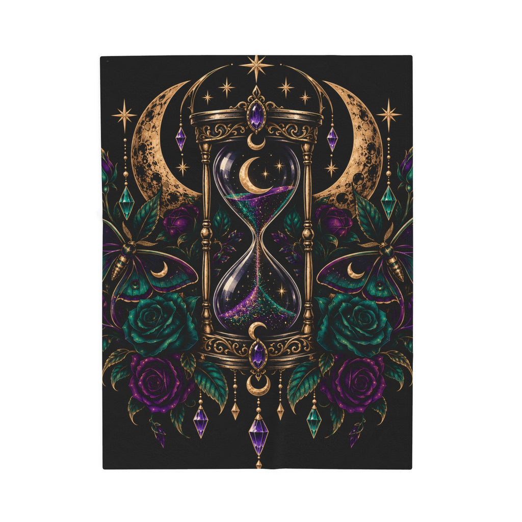 Jewel-tone Mystic Hourglass Velveteen Plush Blanket — Gothic Moon & Jewel Floral Throw