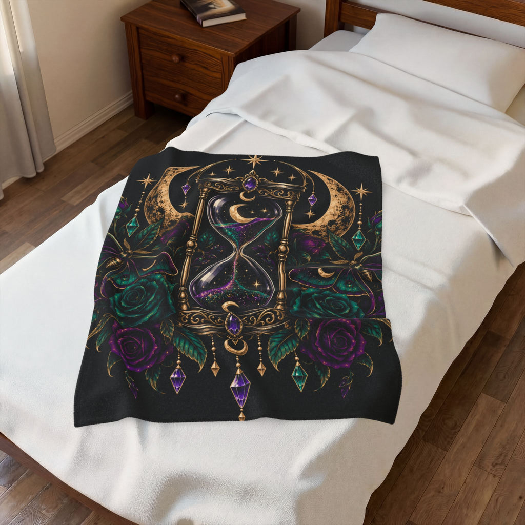Jewel-tone Mystic Hourglass Velveteen Plush Blanket — Gothic Moon & Jewel Floral Throw