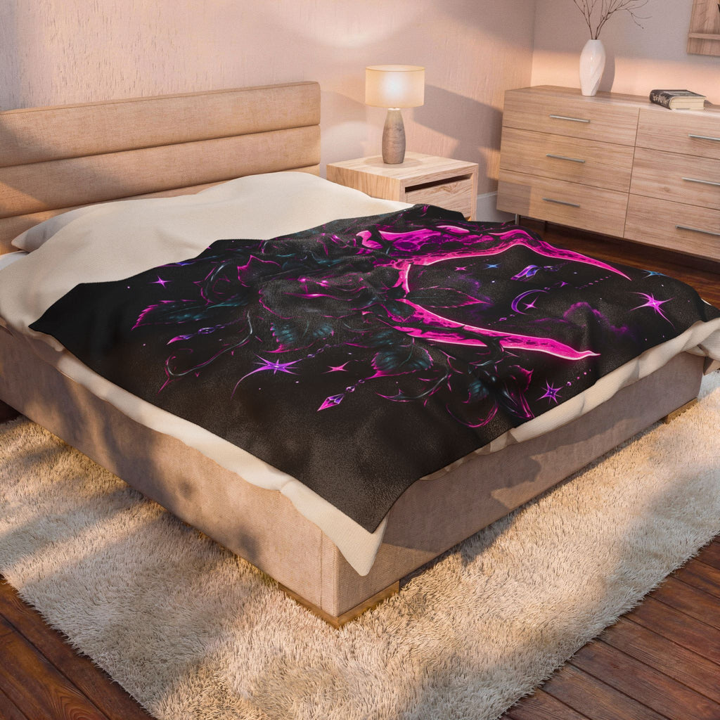 Moonlight Rose Velveteen Plush Blanket — Neon Pink Crescent Moon & Stars