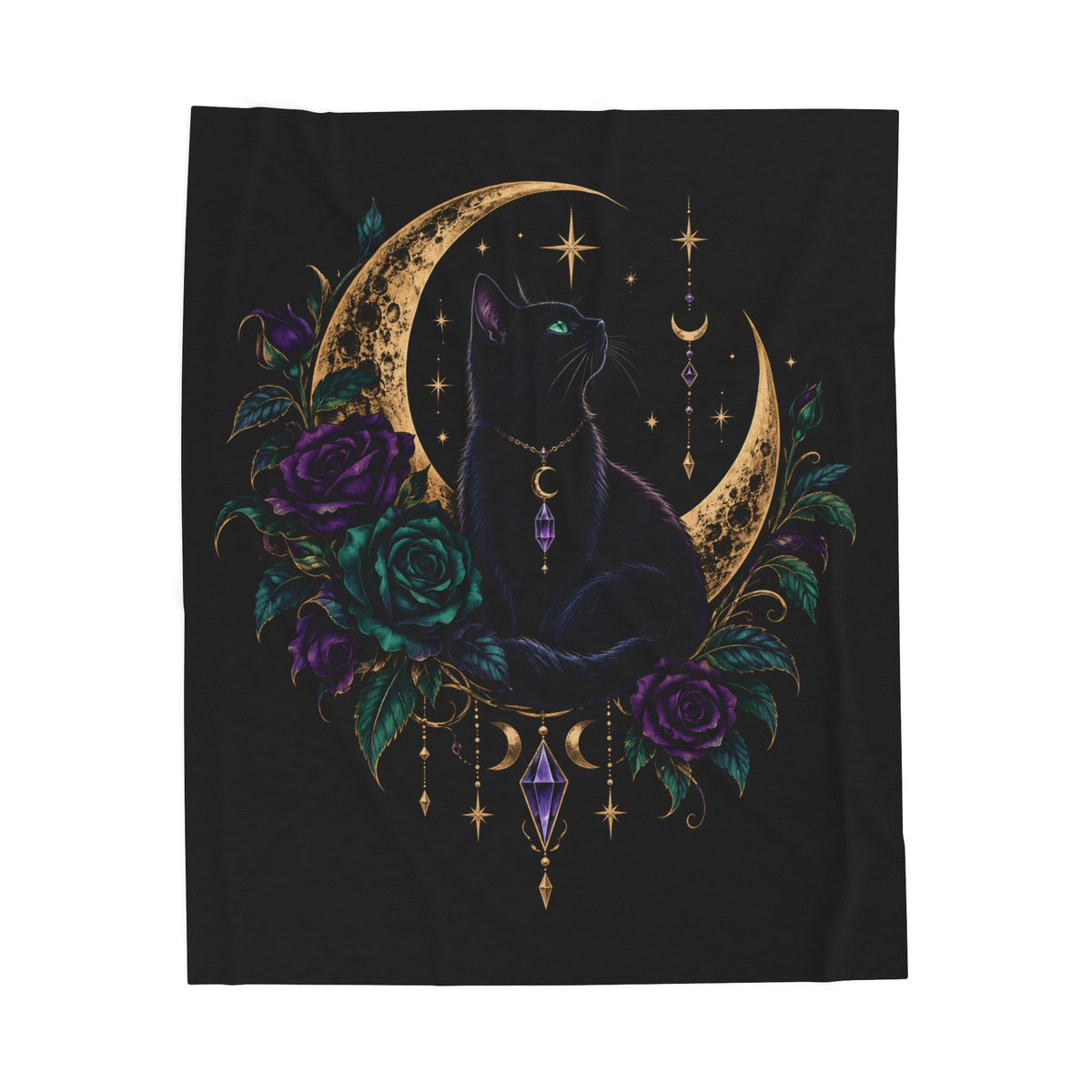 Jewel-tone Mystic Moon Cat Velveteen Plush Blanket