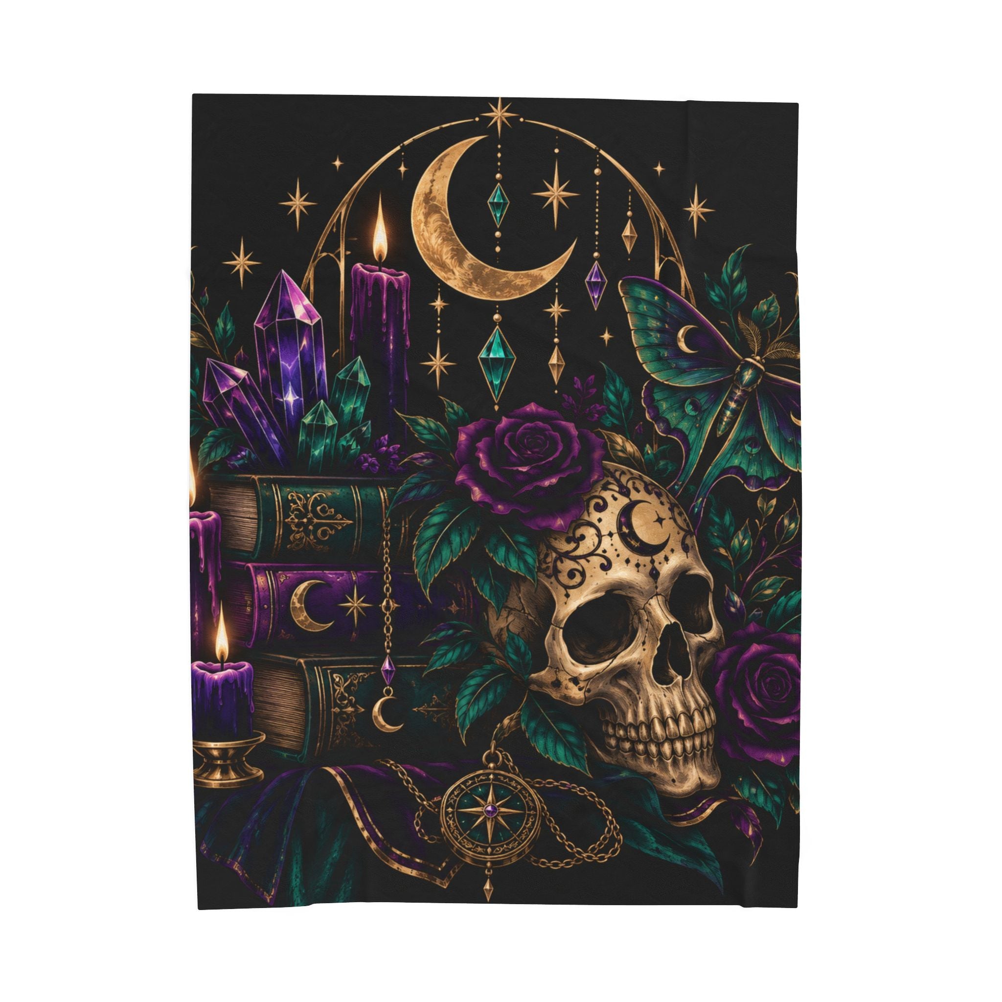 Jewel-tone Velveteen Plush Blanket — Gothic Moon & Skull Velvet Throw with Crystals, Roses, and Mystic Candles