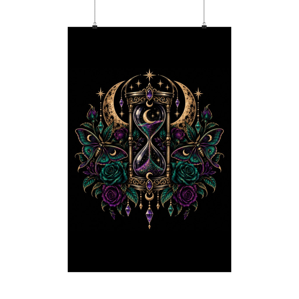 Jewel-tone Mystic Hourglass Satin Poster — Celestial Moon, Roses & Butterflies Wall Art