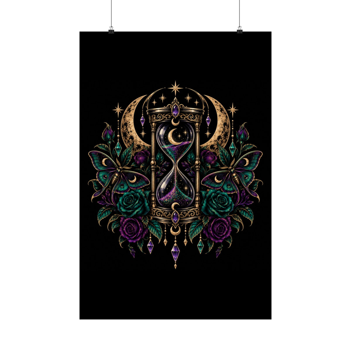 Jewel-tone Mystic Hourglass Satin Poster — Celestial Moon, Roses & Butterflies Wall Art