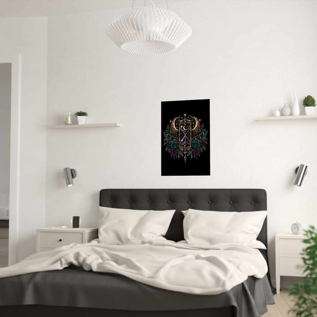 Jewel-tone Mystic Hourglass Satin Poster — Celestial Moon, Roses & Butterflies Wall Art