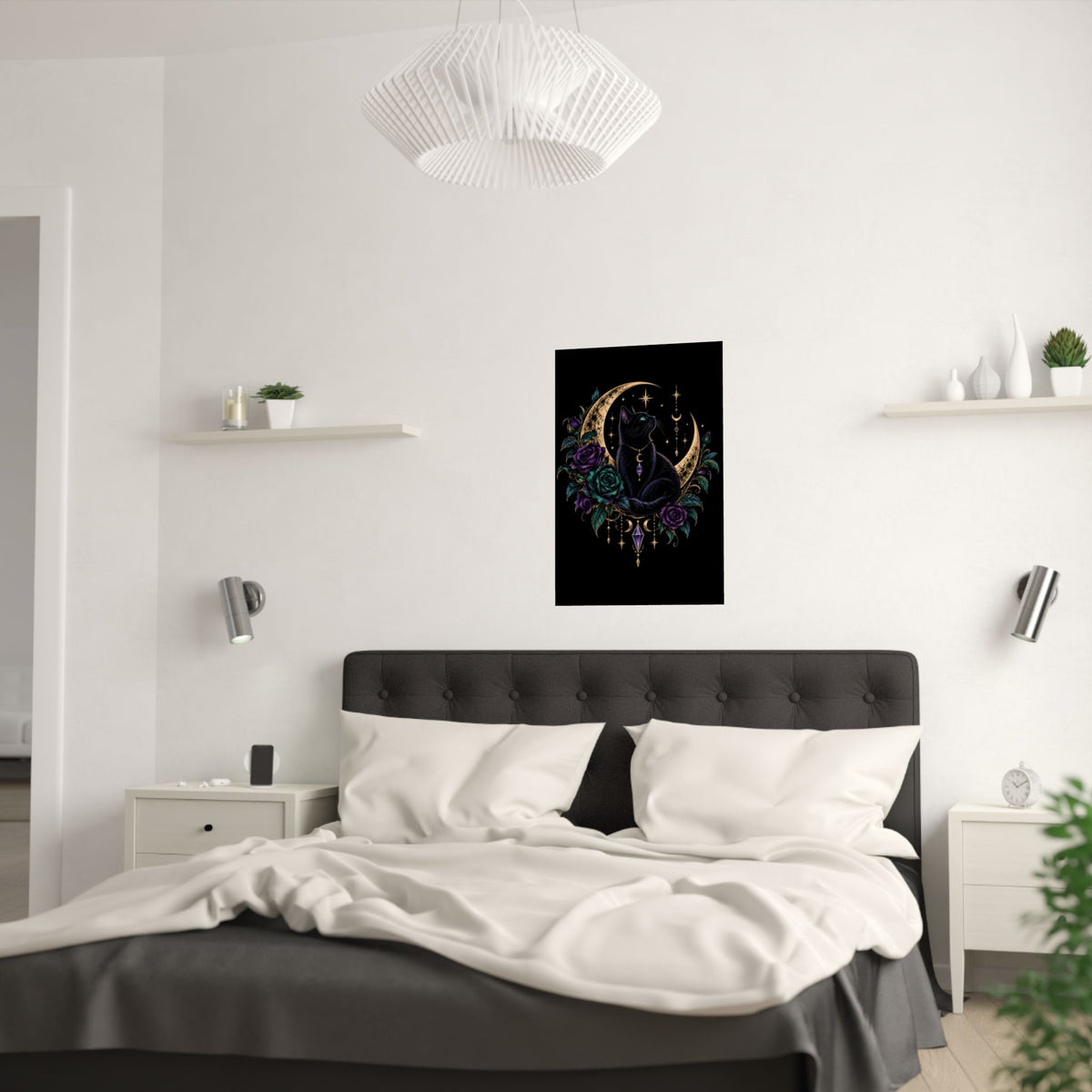 Jewel-tone Mystic Black Cat Moon Satin Poster — Gothic Rose Wall Art