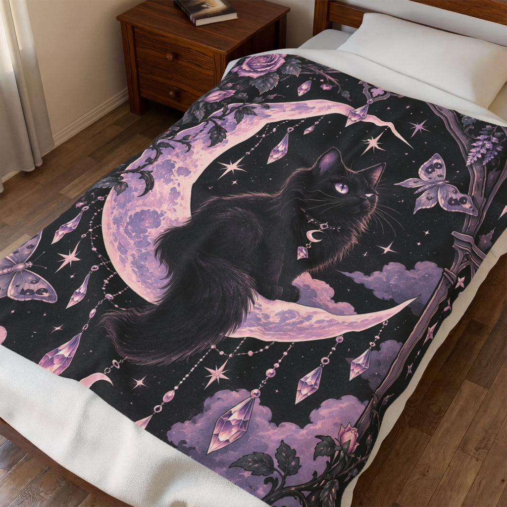 Mystic Moon Cat Velveteen Plush Blanket — Gothic Black Cat on Crescent Moon, Cozy Witchy Throw