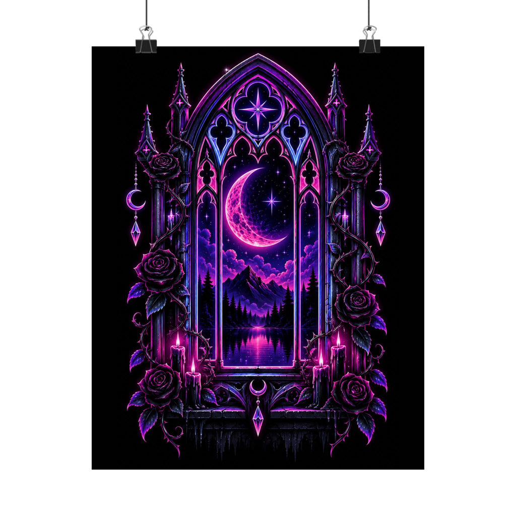 Neon Gothic Moonlight Satin Poster — Neon Purple Crescent Nightscape