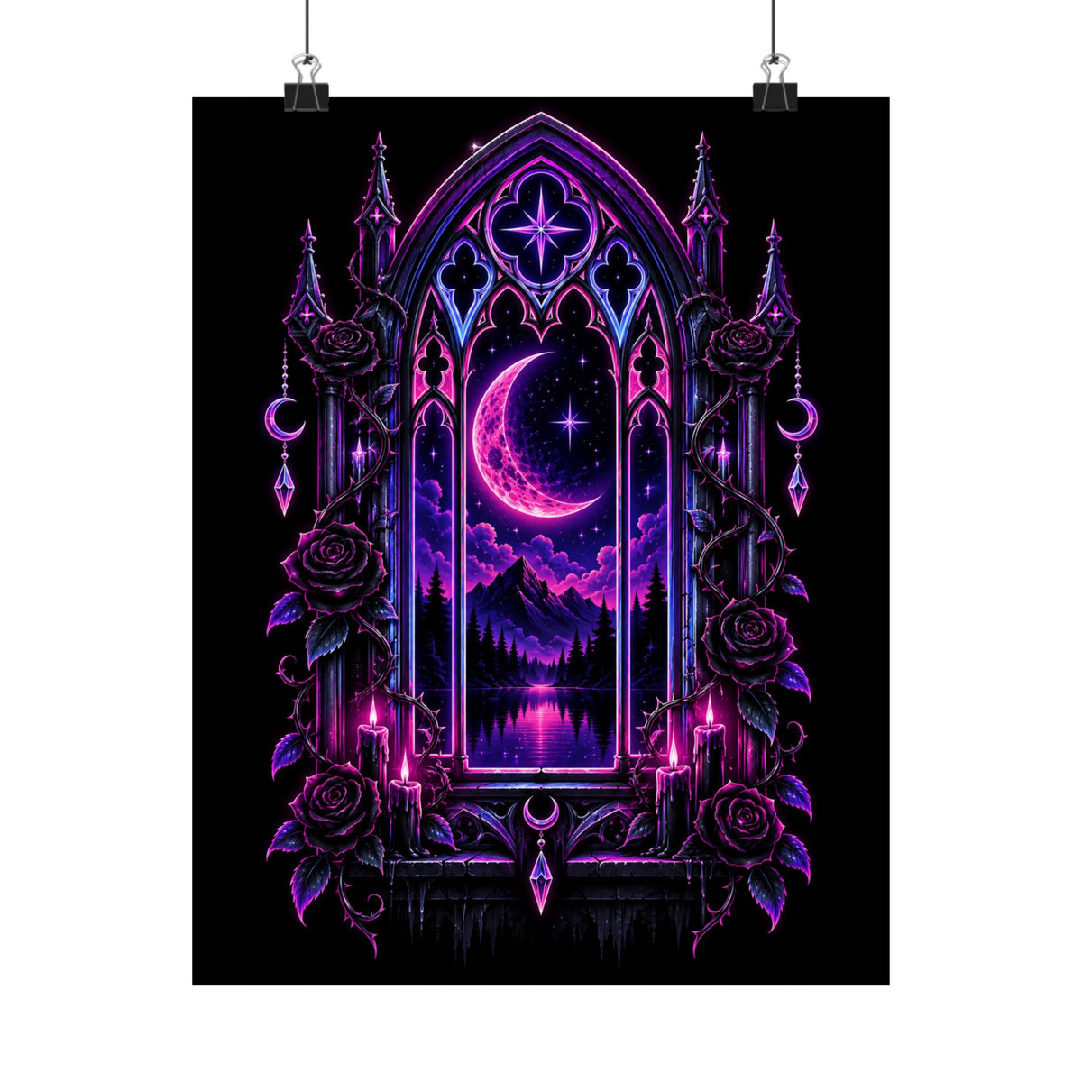 Neon Gothic Moonlight Satin Poster — Neon Purple Crescent Nightscape