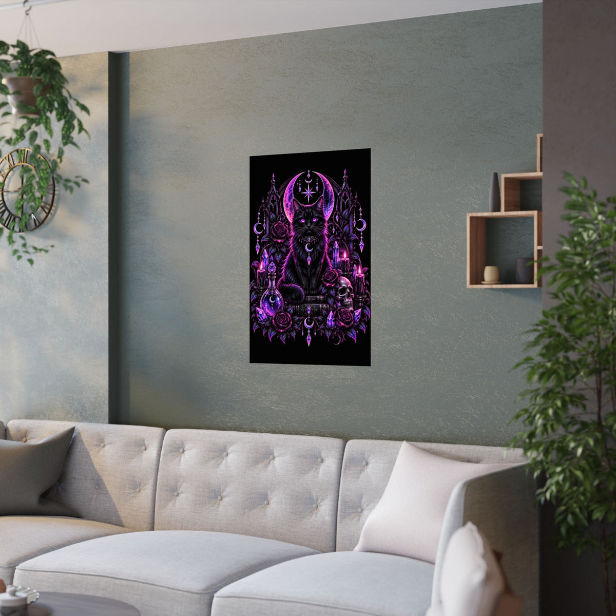 Neon Mystic Black Cat Satin Poster — Purple Gothic Witchcraft Wall Art