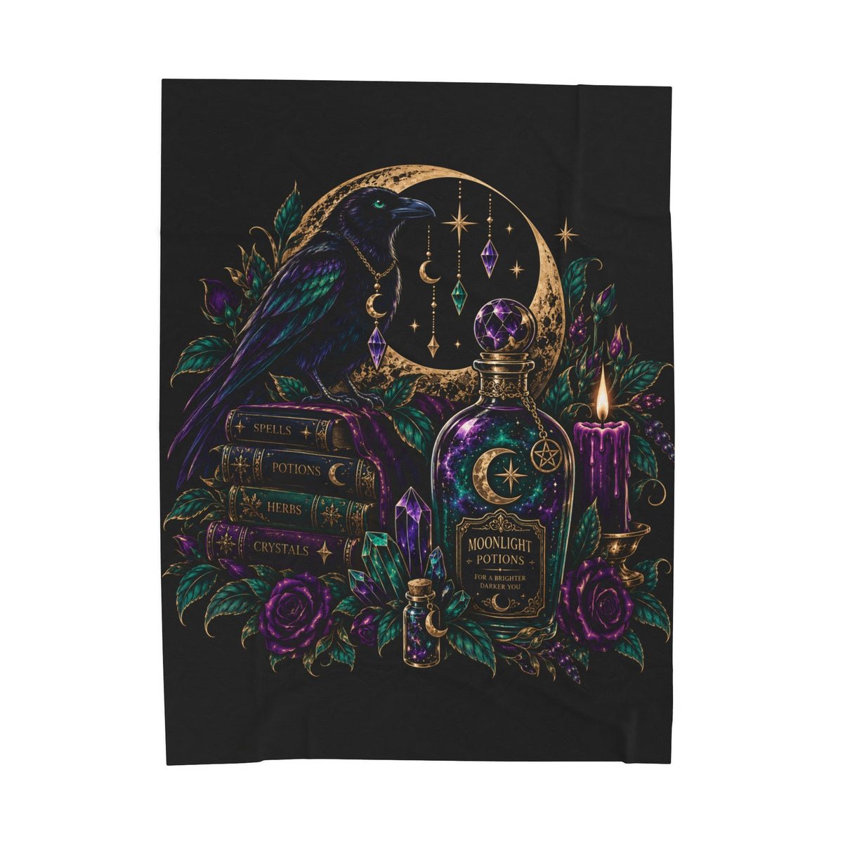 Jewel-tone Velveteen Plush Blanket — Moonlight Potions Raven Gothic Throw