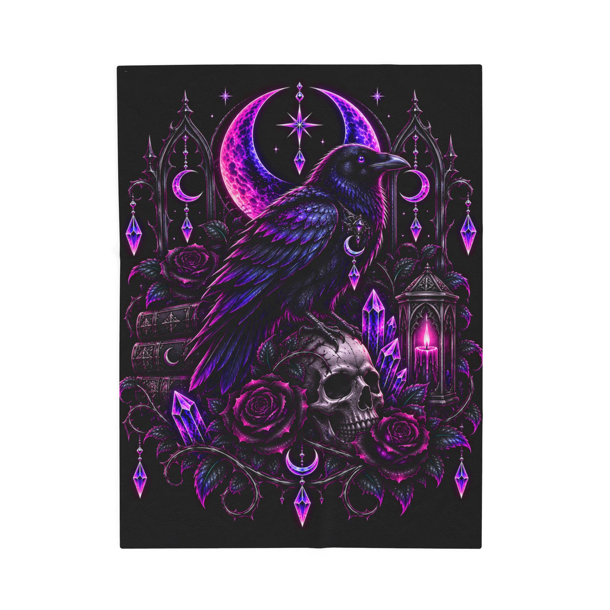 Neon Gothic Raven Moon Velveteen Plush Blanket — Skull, Roses & Crystal Lantern Throw