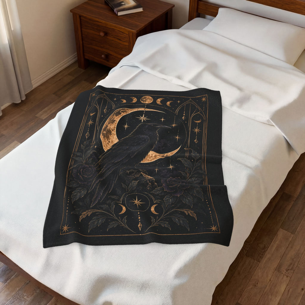 Shadow Velveteen Plush Blanket — Gothic Raven Moonlight Throw