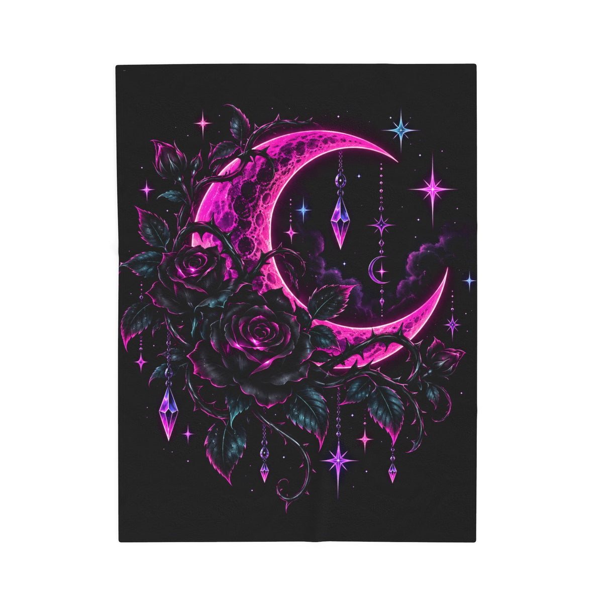 Neon Gothic Moon Velveteen Plush Blanket — Pink Crescent & Rose Night Sky Throw