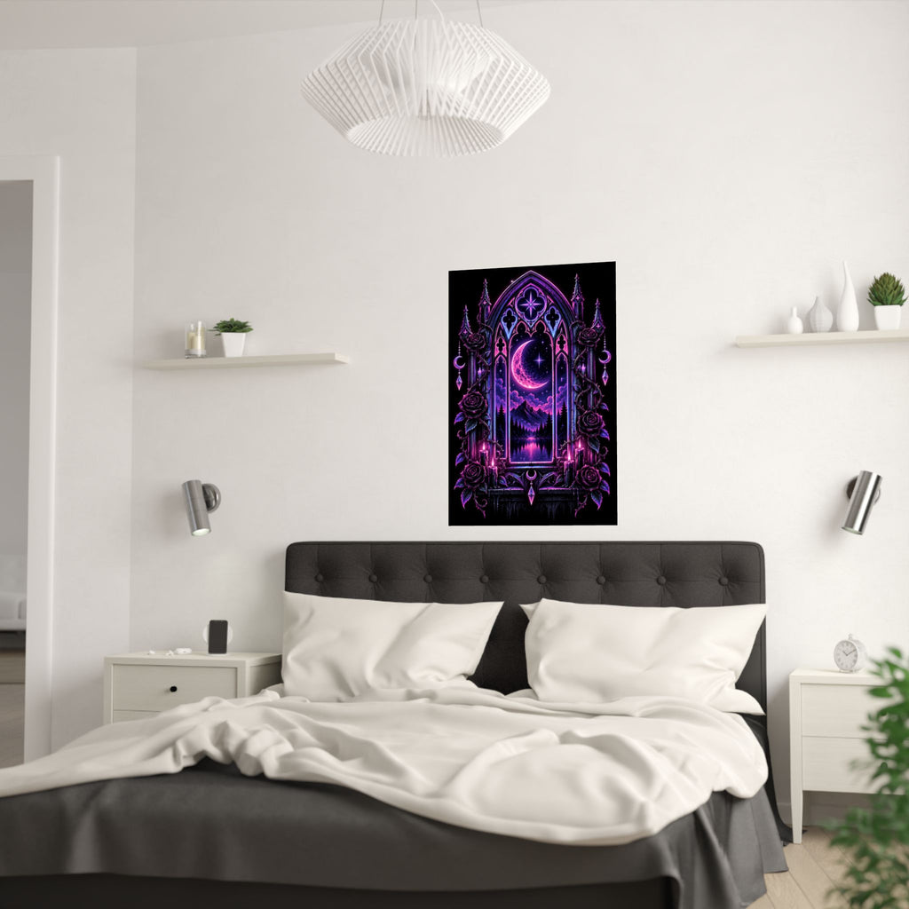 Neon Gothic Moonlight Satin Poster — Neon Purple Crescent Nightscape