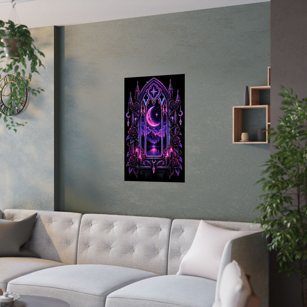 Neon Gothic Moonlight Satin Poster — Neon Purple Crescent Nightscape
