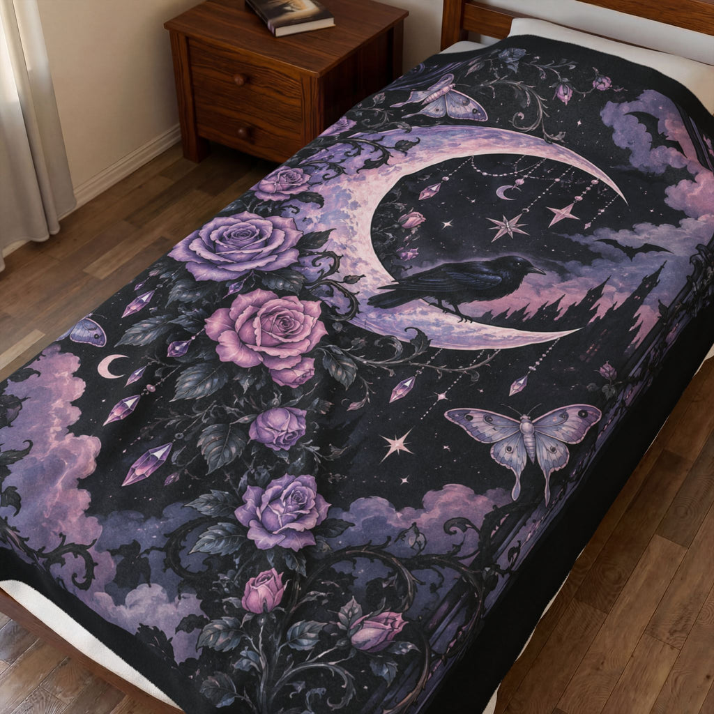 Pastel Gothic Moon Raven Velveteen Plush Blanket — Purple Floral Celestial Throw