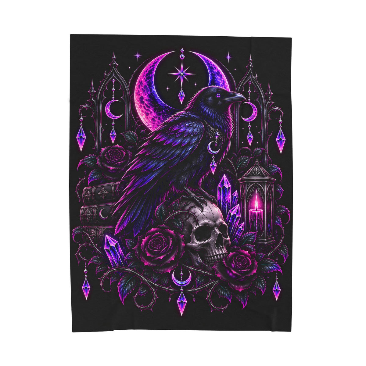Neon Gothic Raven Moon Velveteen Plush Blanket — Skull, Roses & Crystal Lantern Throw
