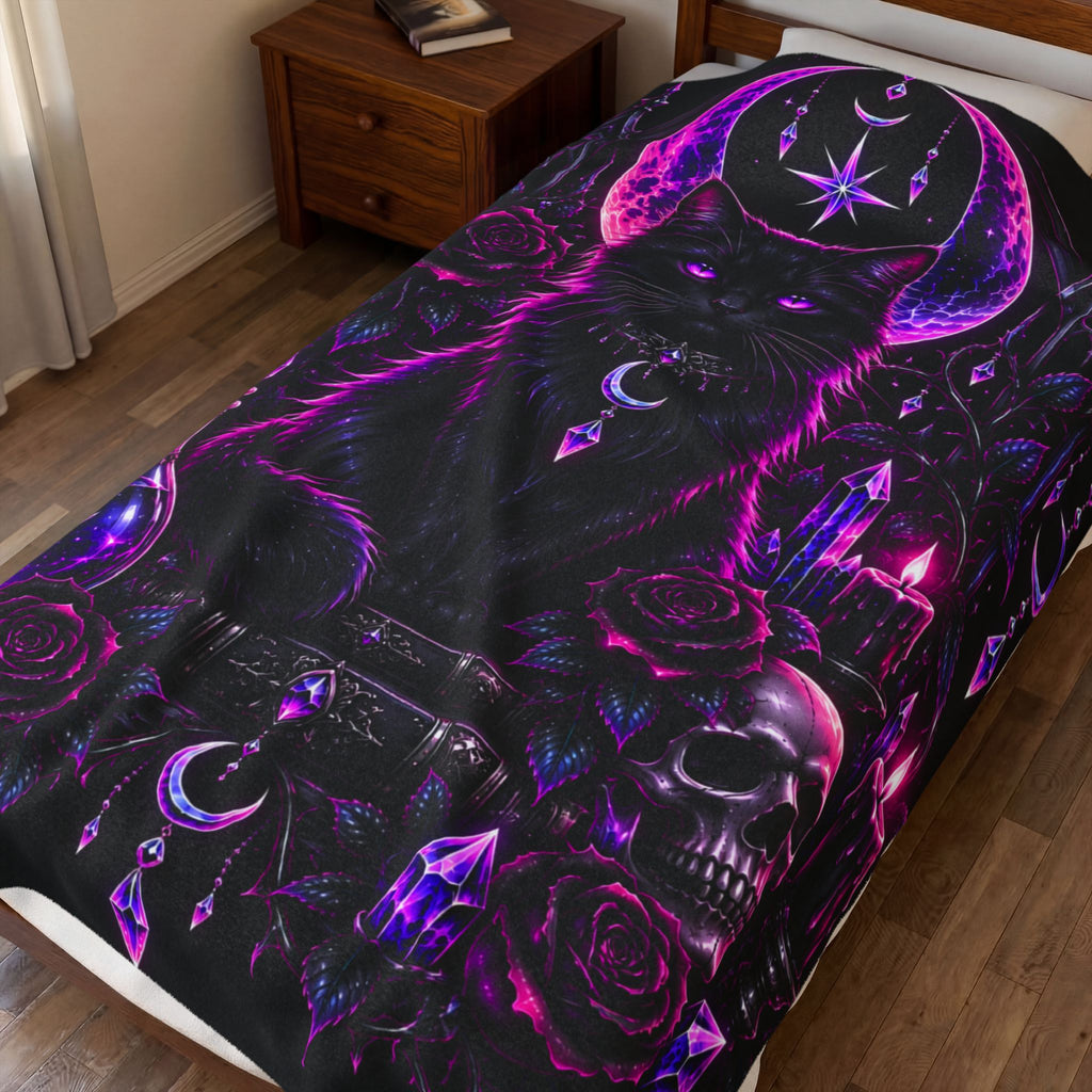 Neon Mystic Black Cat Velveteen Plush Blanket — Gothic Moon & Crystal Design