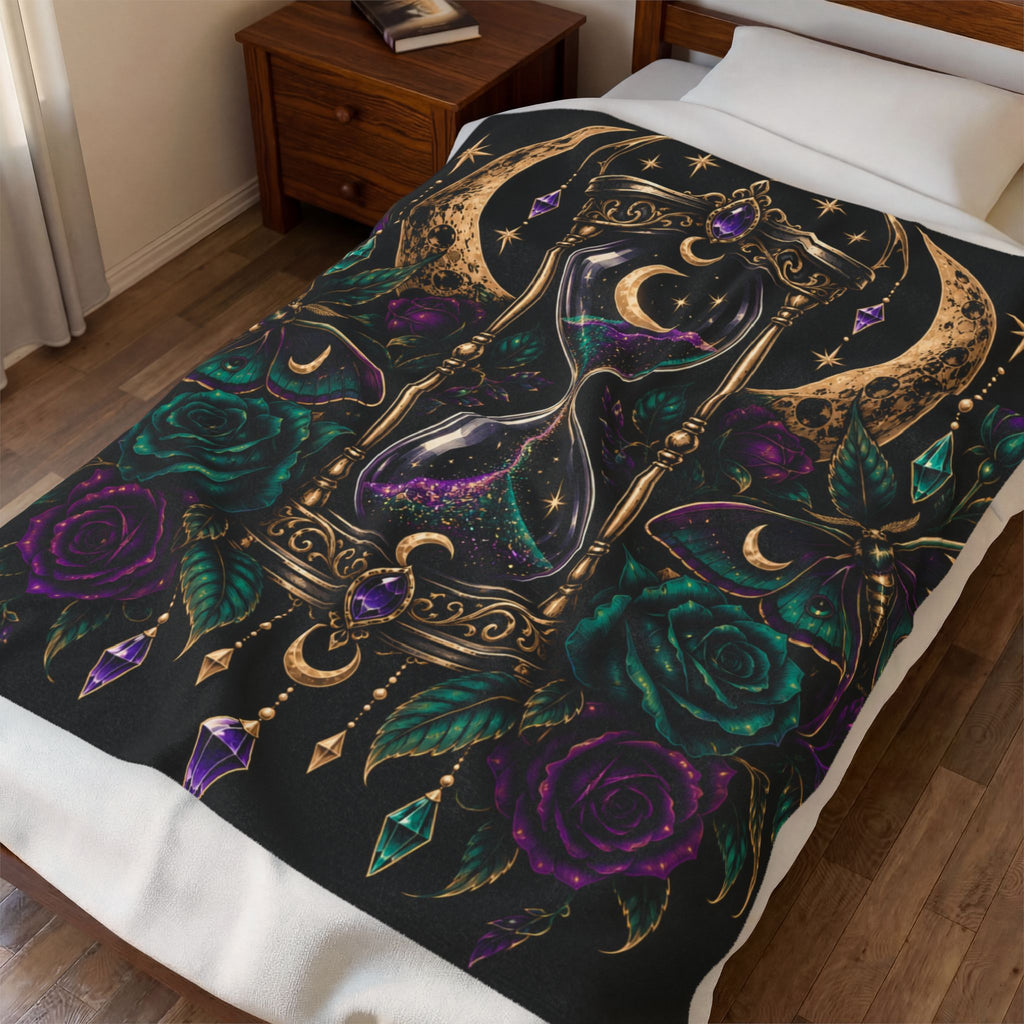 Jewel-tone Mystic Hourglass Velveteen Plush Blanket — Gothic Moon & Jewel Floral Throw