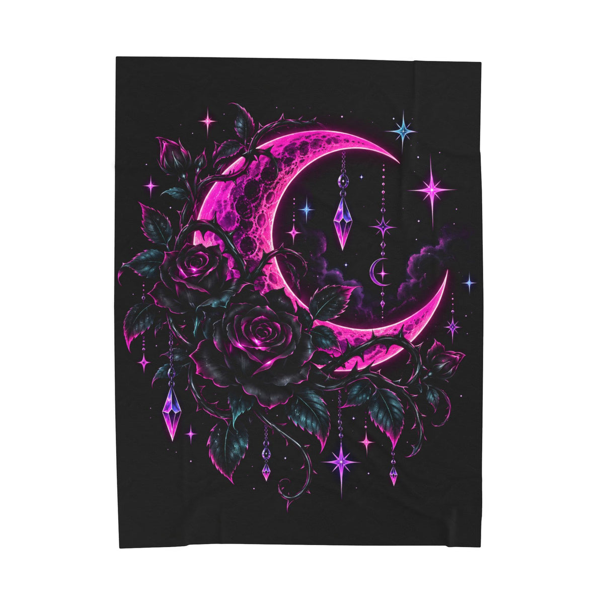 Neon Gothic Moon Velveteen Plush Blanket — Pink Crescent & Rose Night Sky Throw