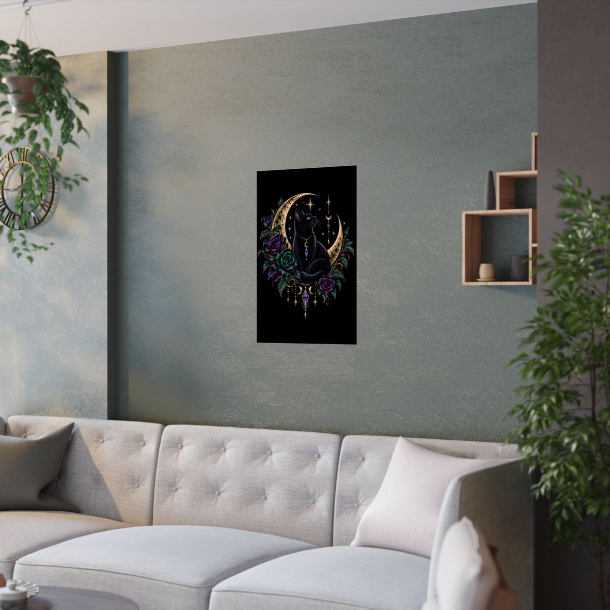 Jewel-tone Mystic Black Cat Moon Satin Poster — Gothic Rose Wall Art