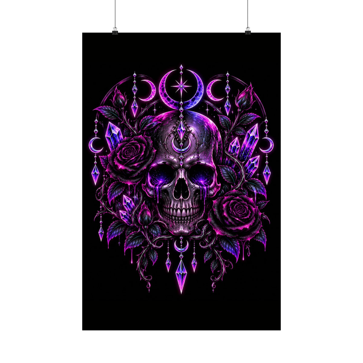 Neon Satin Poster — Mystical Purple Skull with Roses & Crystals