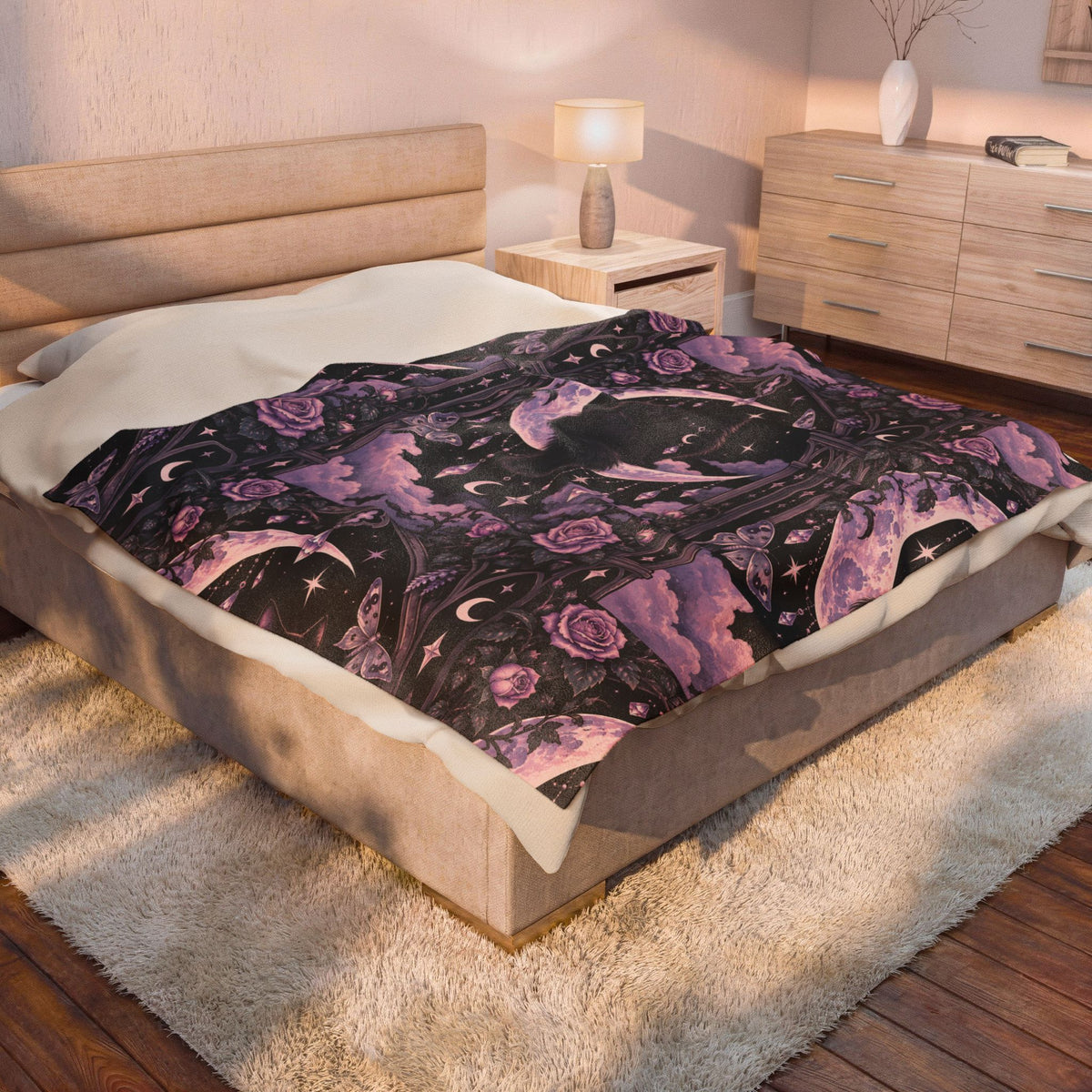 Pastel Mystic Moon Cat Velveteen Plush Blanket — Gothic Black Cat on Crescent Moon, Cozy Witchy Throw