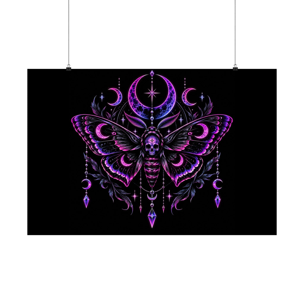 Neon Gothic Moon Moth Satin Poster — Neon Purple Skull Moth Wall Art