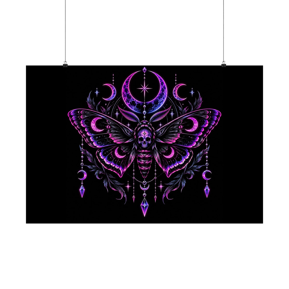 Neon Gothic Moon Moth Satin Poster — Neon Purple Skull Moth Wall Art