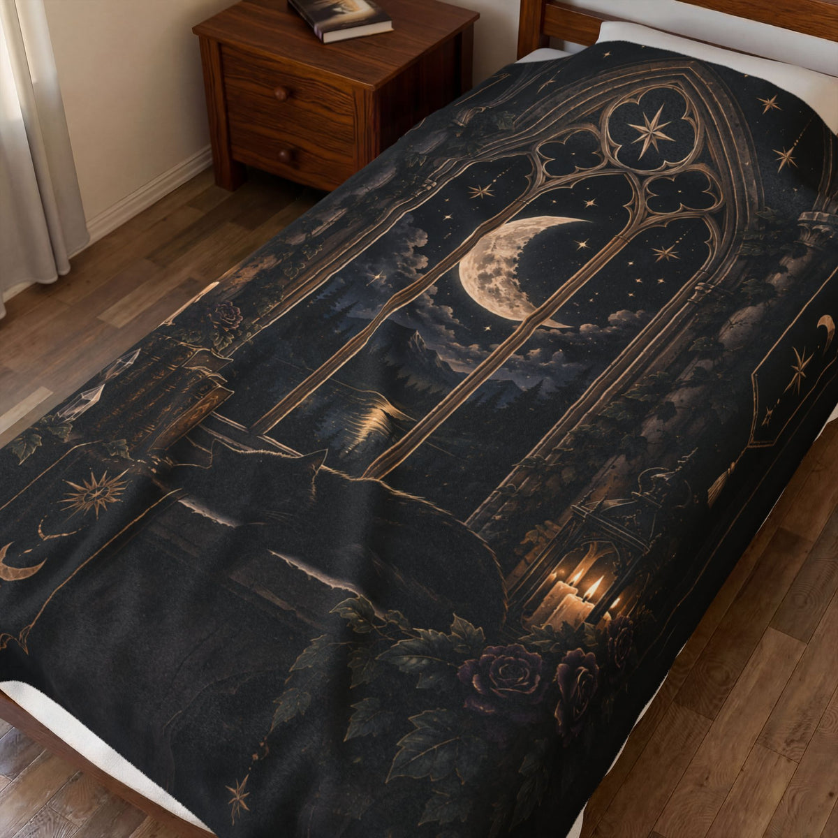 Shadow Velveteen Plush Blanket - Moonlit Gothic Window