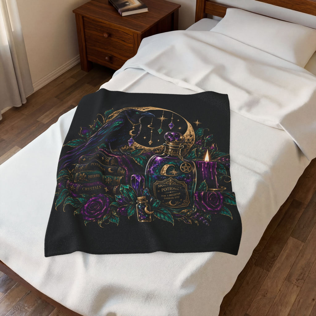 Jewel-tone Velveteen Plush Blanket — Moonlight Potions Raven Gothic Throw