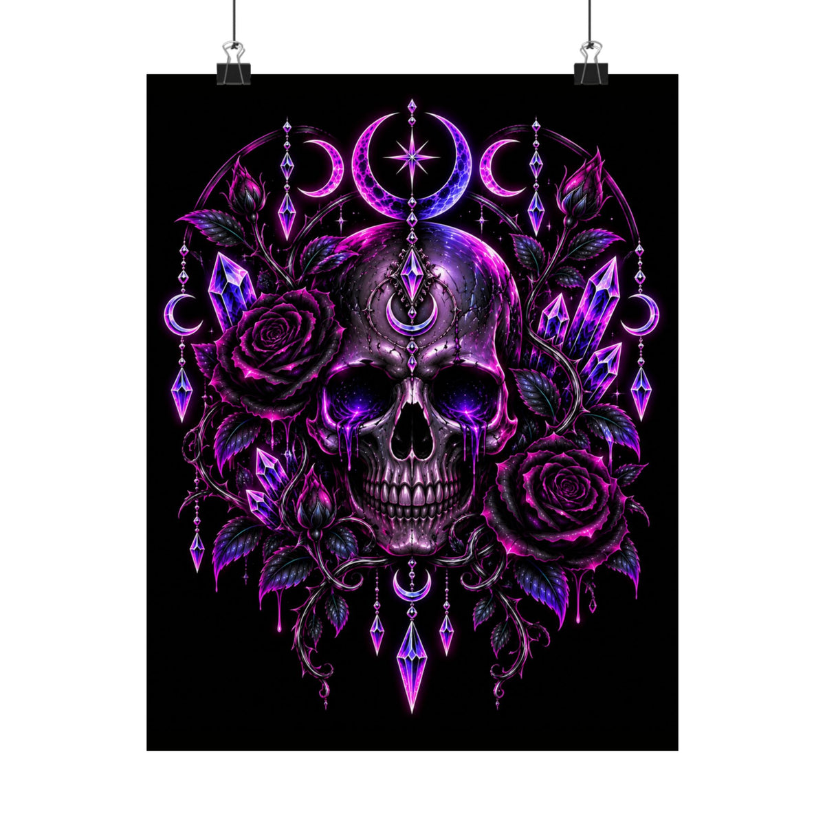 Neon Satin Poster — Mystical Purple Skull with Roses & Crystals