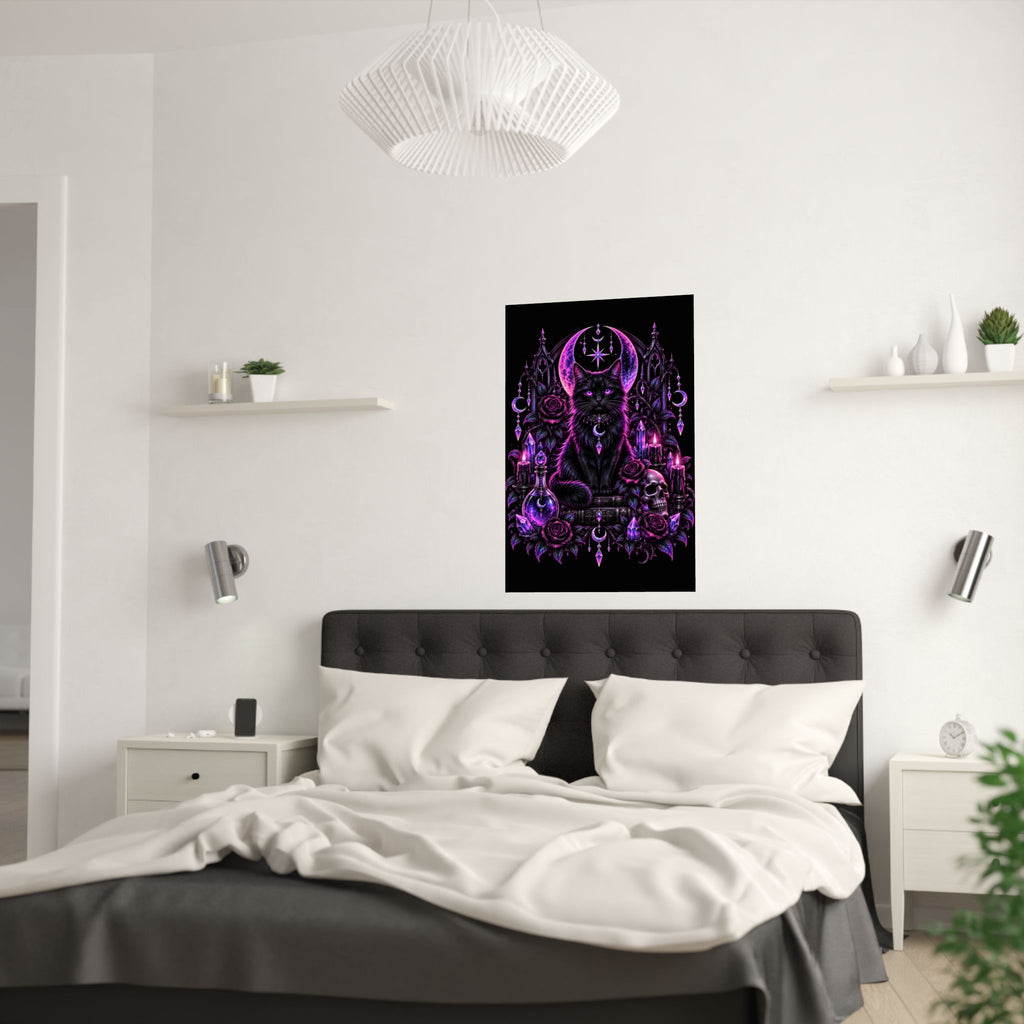 Neon Mystic Black Cat Satin Poster — Purple Gothic Witchcraft Wall Art